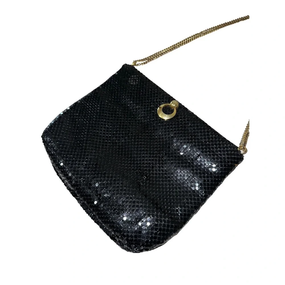 Vintage WHITING & DAVIS Black Metal Mesh Gold Accents Purse Shoulder Bag Chain